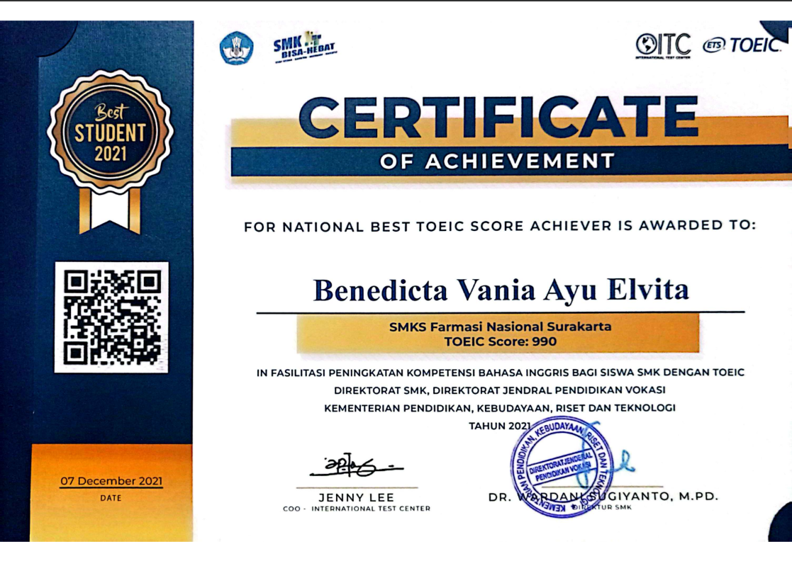Juara 1 National Best TOEIC Score Achiever